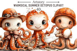 Whimsical Summer Octopus Clipart, an Illustration by designcity5