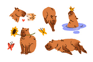 Cute, Funny Capybaras Animals Set