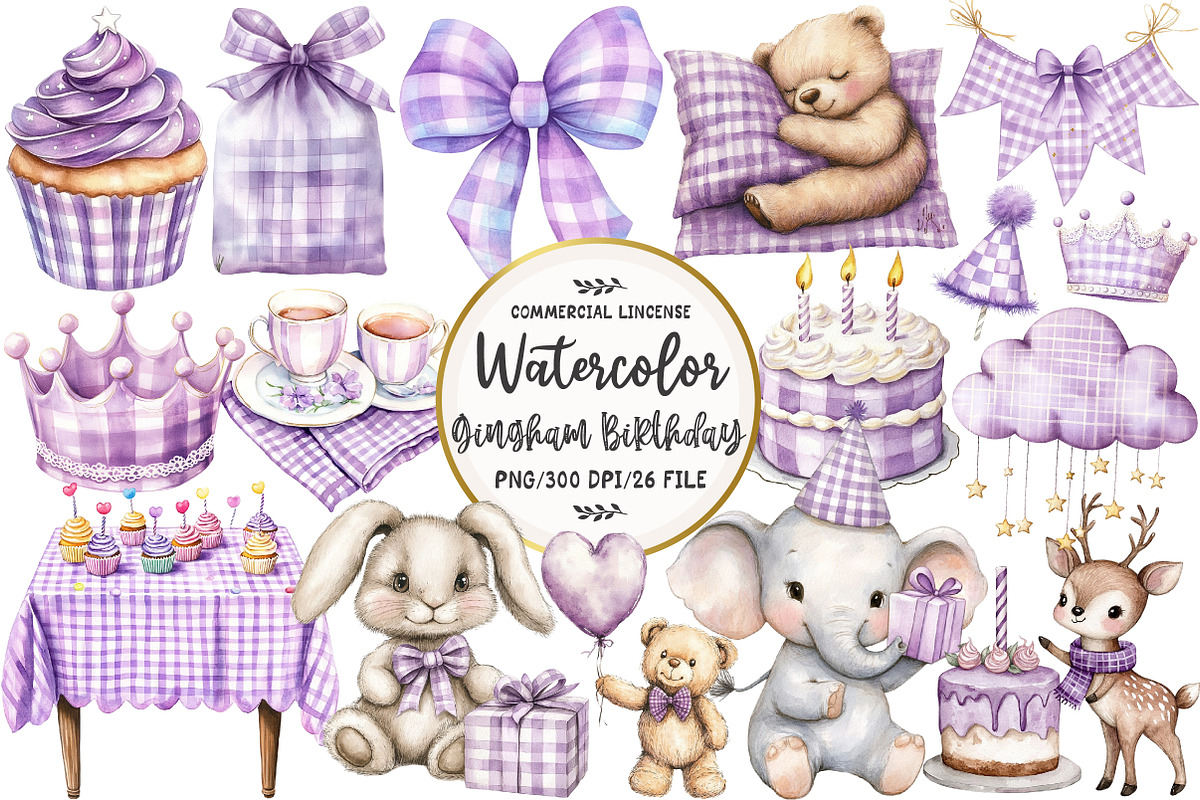 Purple Gingham Kids Birthday Clipart, an Illustration by OK Design (Photo 1 of 5)