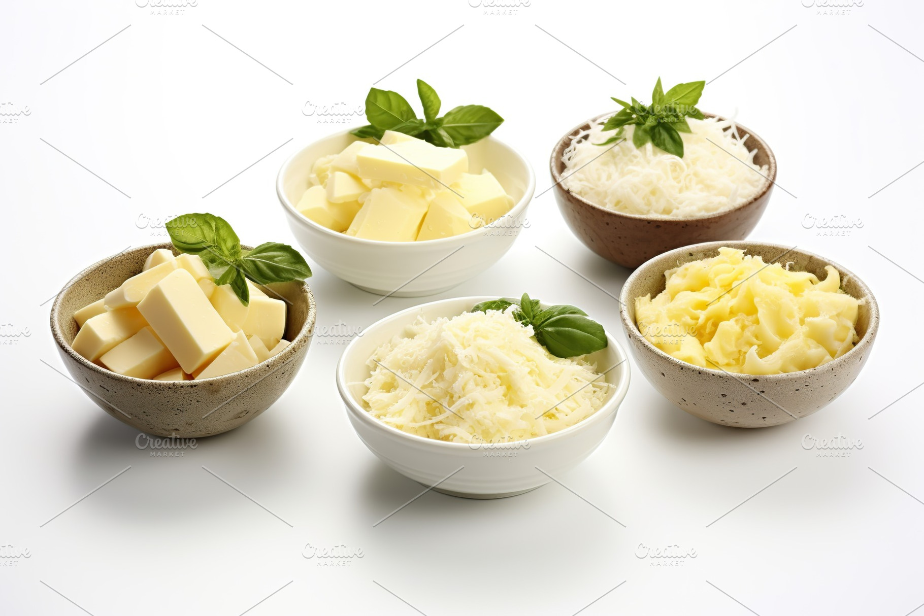 Various types of cheese in bowls on white background, a Food & Drink Photo by AlyaAnd