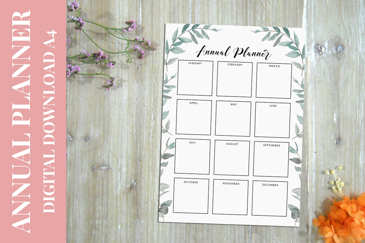 Eucalyptus Watercolor Annual Planner, a Stationery Template by Anis Illustration