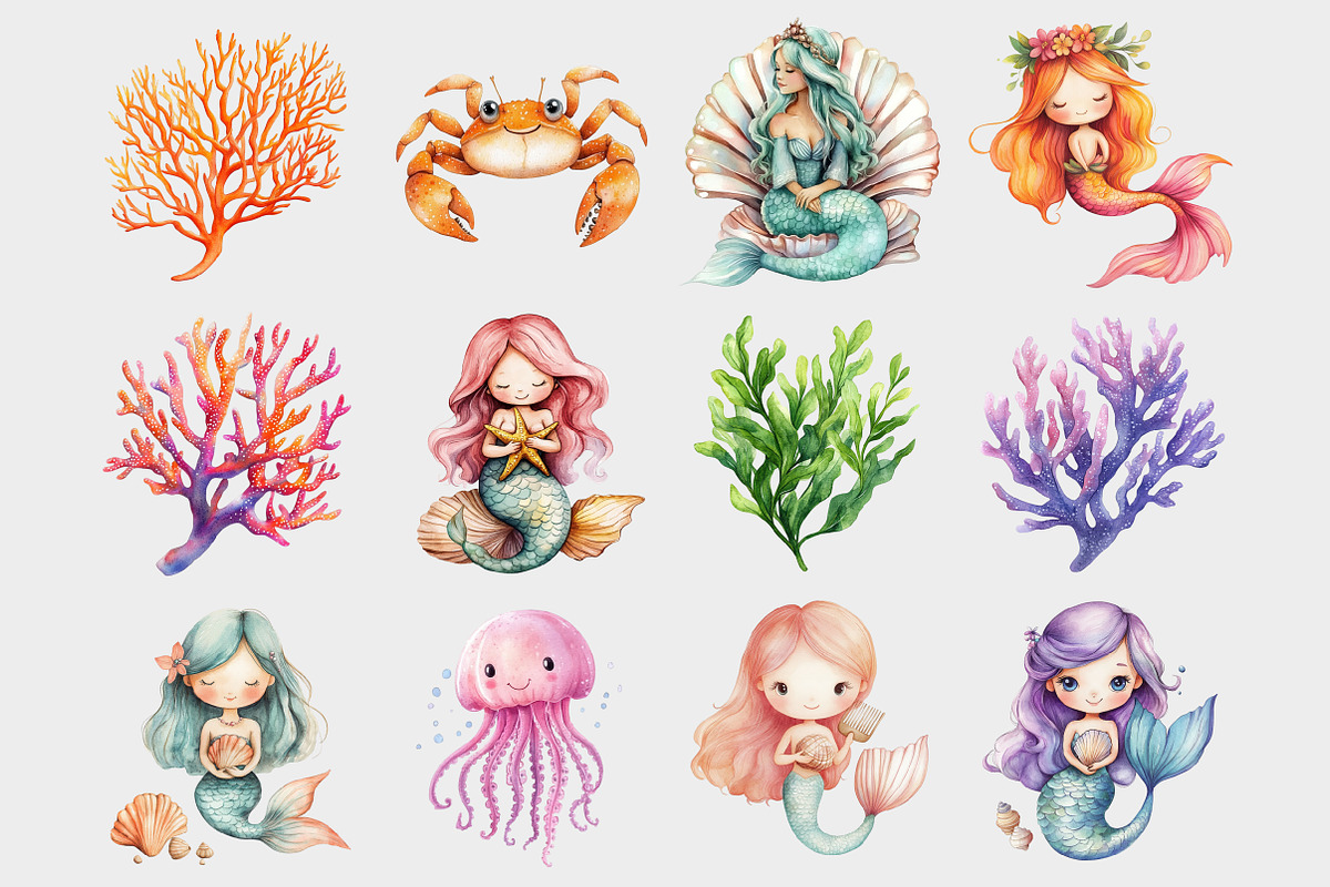 Watercolor baby mermaid clipart, a Seasonal Illustration by Design Market (Photo 2 of 5)