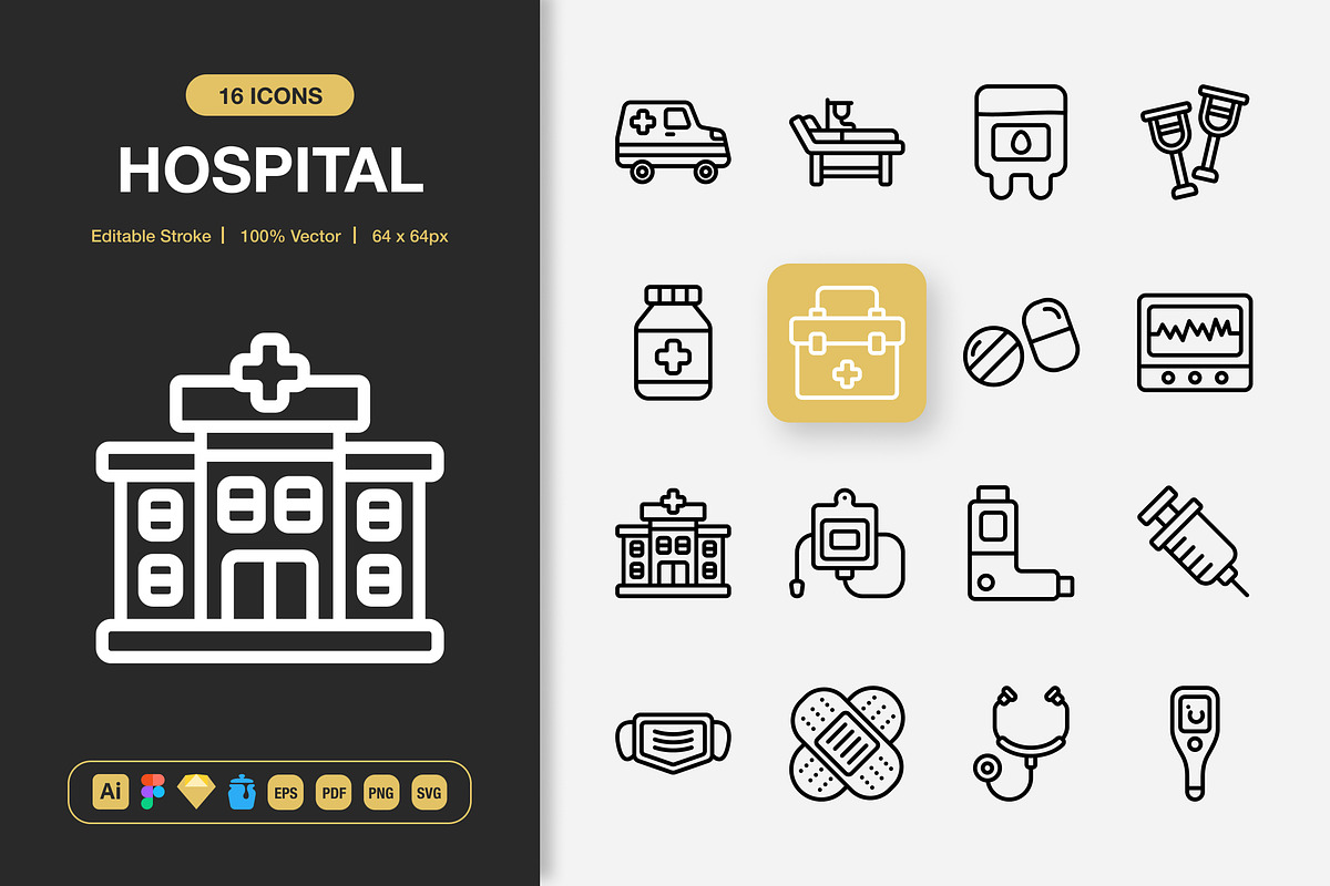Hospital Icons, an Outline Icon by Spacepixel Creative