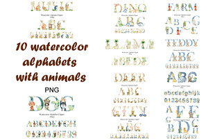 10 Watercolor Animal Alphabets., an Animal Illustration by TaPilipa