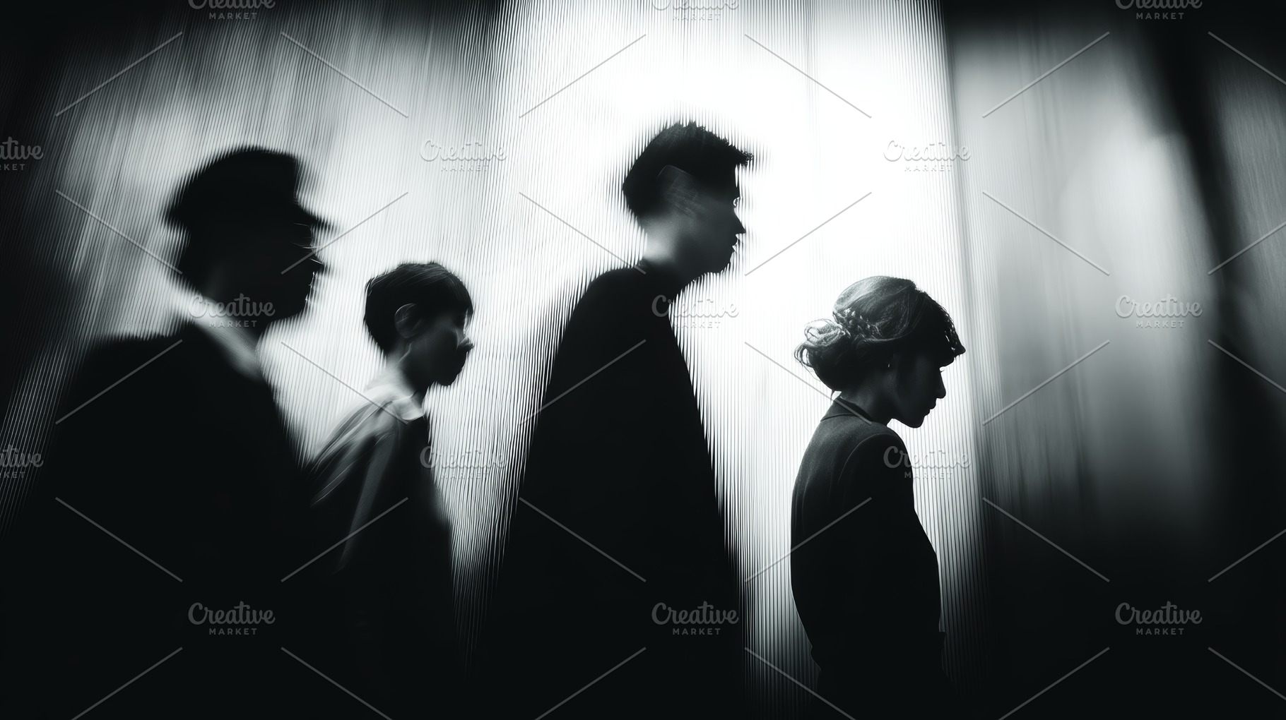 Employees walking in silhouette against a textured backdrop in a moody black an, a Photo by AS photostudio