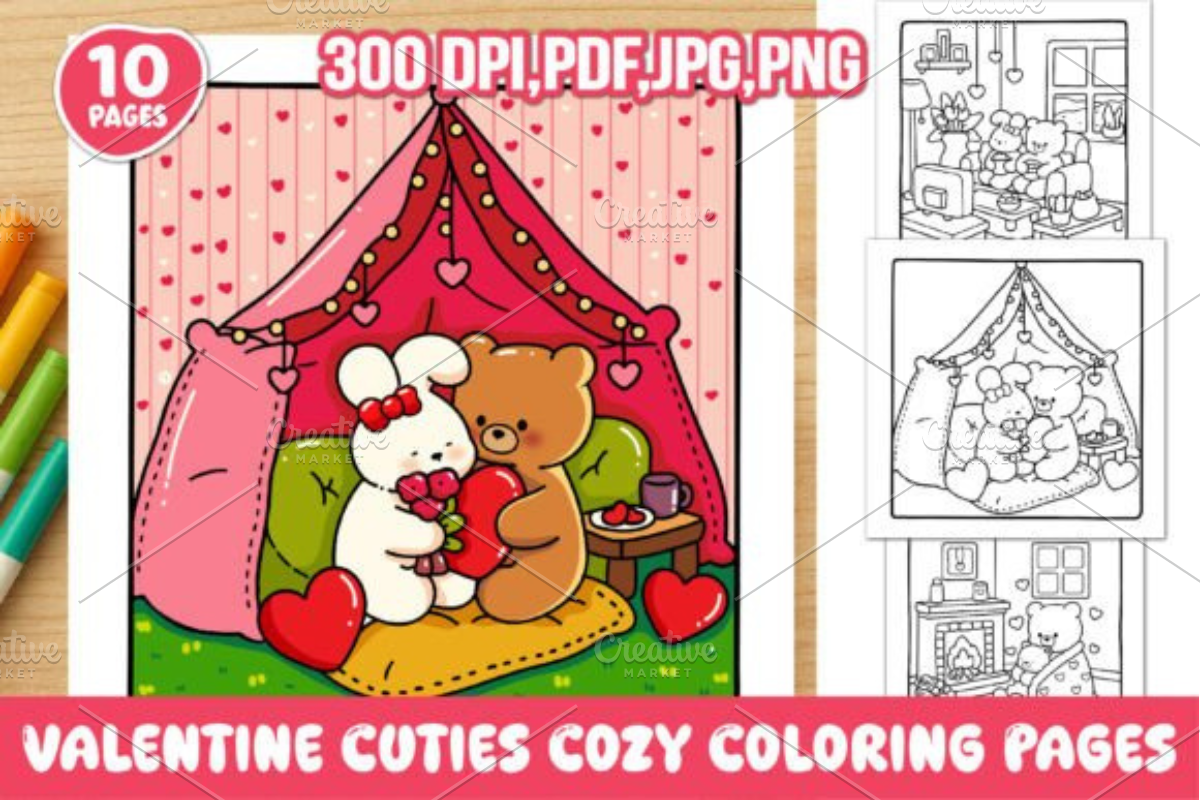 Valentine Cuties Cozy Coloring Pages, a Seasonal Illustration by Ink ...
