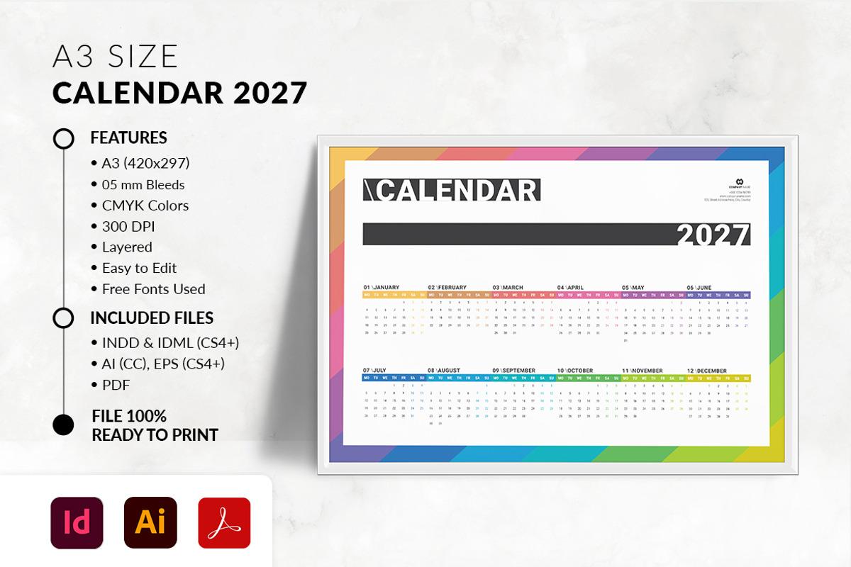 A3 2027 Landscape Calendar Template, a Stationery Template by MstArtwork (Photo 1 of 6)