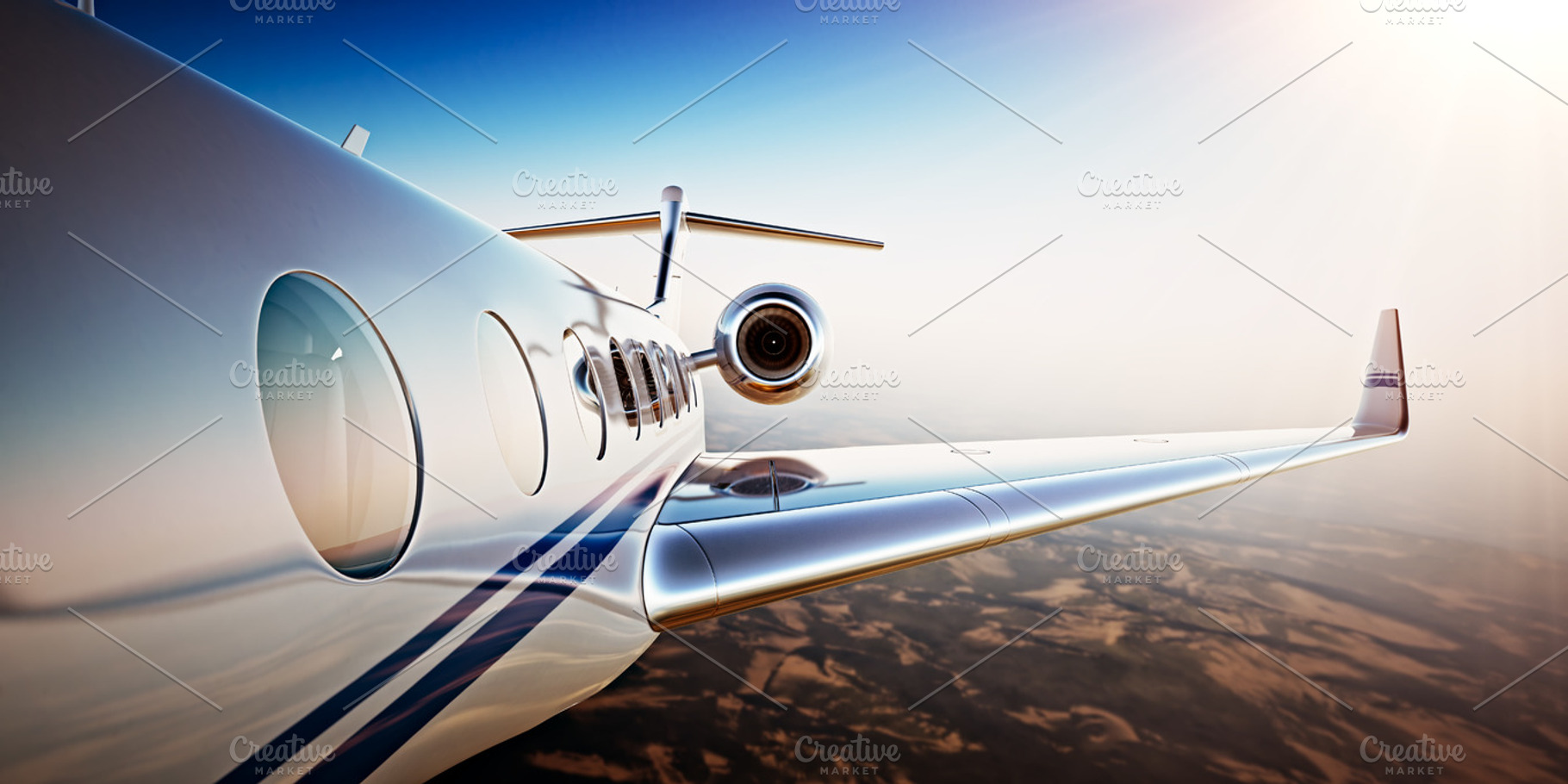 Photo of White Luxury Generic Design Private Jet Flying in Blue Sky at sunset.Uninhabited Desert Mountains Background.Business Travel Picture.Horizontal,Film Effect. 3D rendering., a Transportation Photo by SFCRCH MOCKUPS