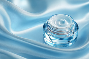 Hydrating face cream in a glass jar on blue silk fabric, represe, a Photo by Studio ANNA