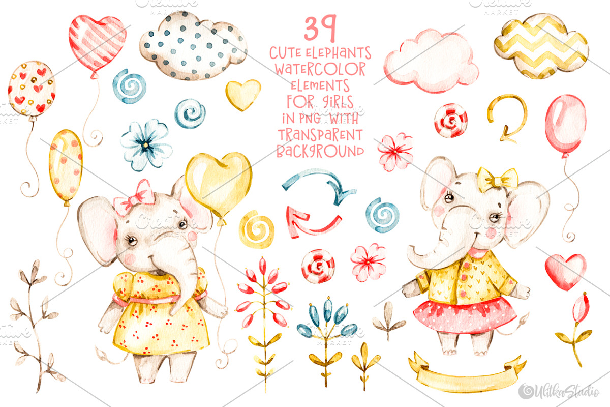 Nursery elephants Watercolor clipart, an Animal Illustration by UlitkaStudio (Photo 2 of 7)