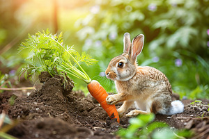 Baby rabbit eating fresh carrot in the garden, a Photo by AlyaAnd
