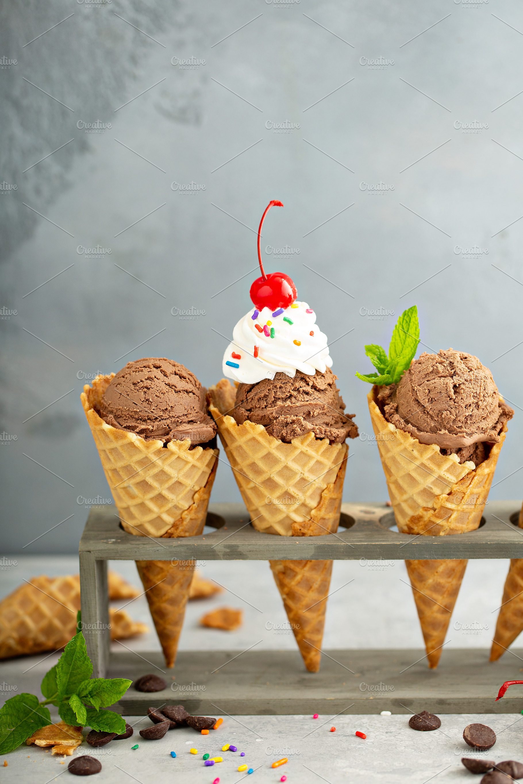 Chocolate ice cream in waffle cones, a Food & Drink Photo by farwasser