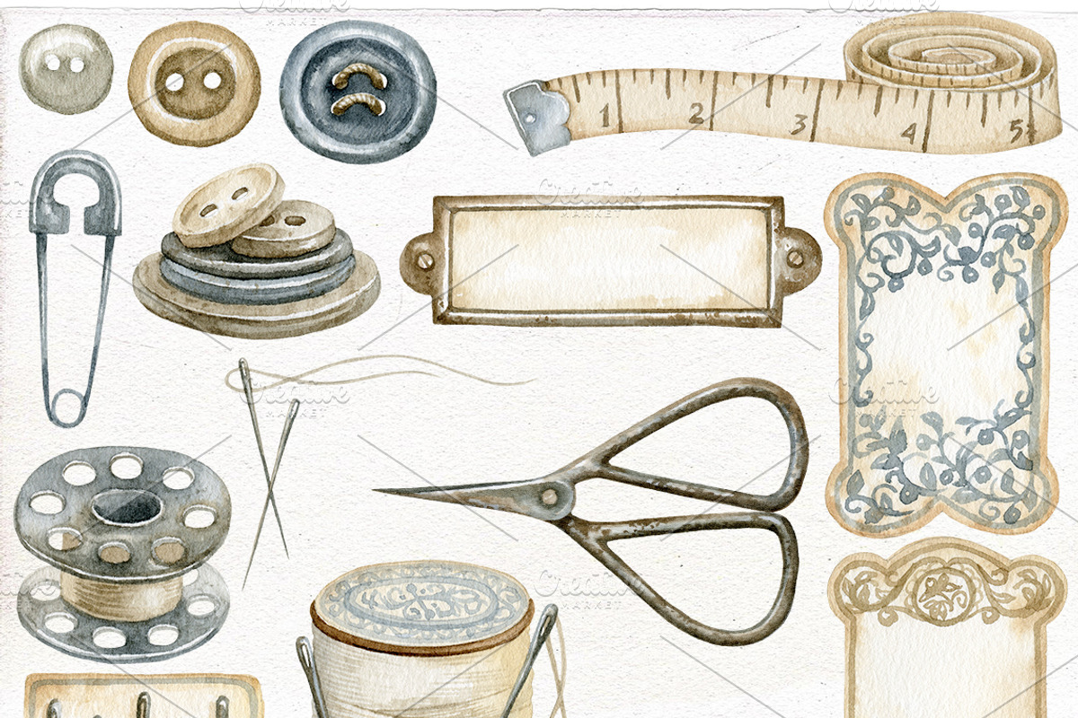 Watercolor vintage sewing PNG., an Illustration by Mary (Photo 2 of 2)