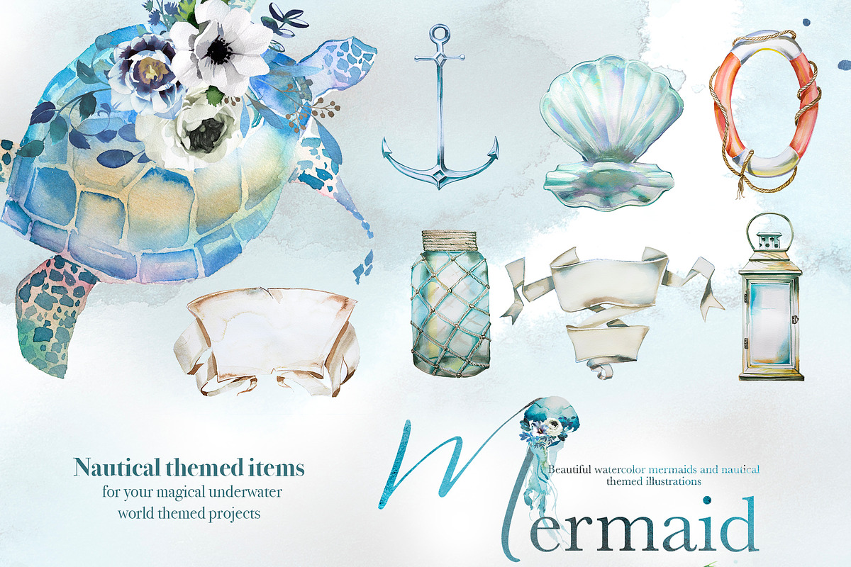 Hand-Painted Mermaid Clipart Set, a Person Illustration by ArtCreationsDesign (Photo 16 of 24)