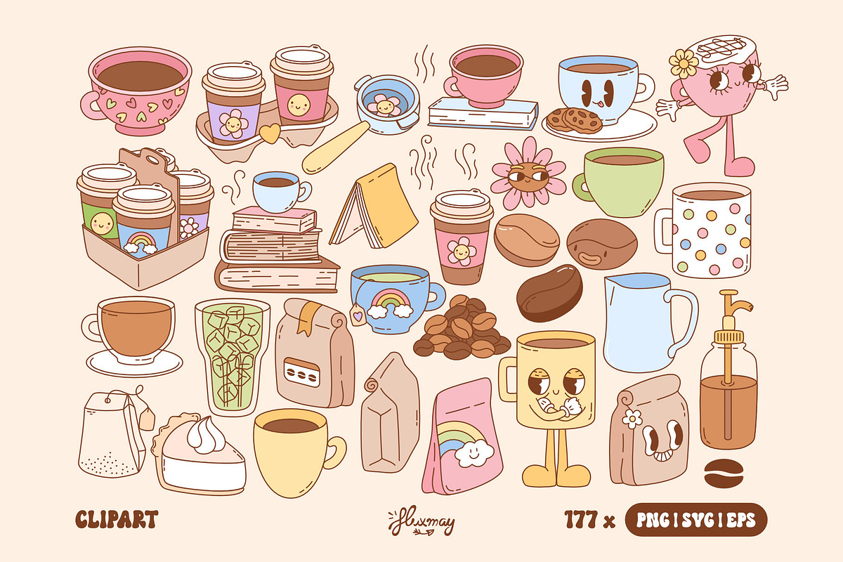 Retro Groovy Coffee Clipart Bundle, a Food Illustration by Huxmay (Photo 4 of 9)