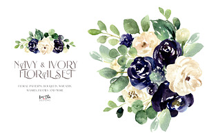 Navy and Ivory with Greenery Flowers