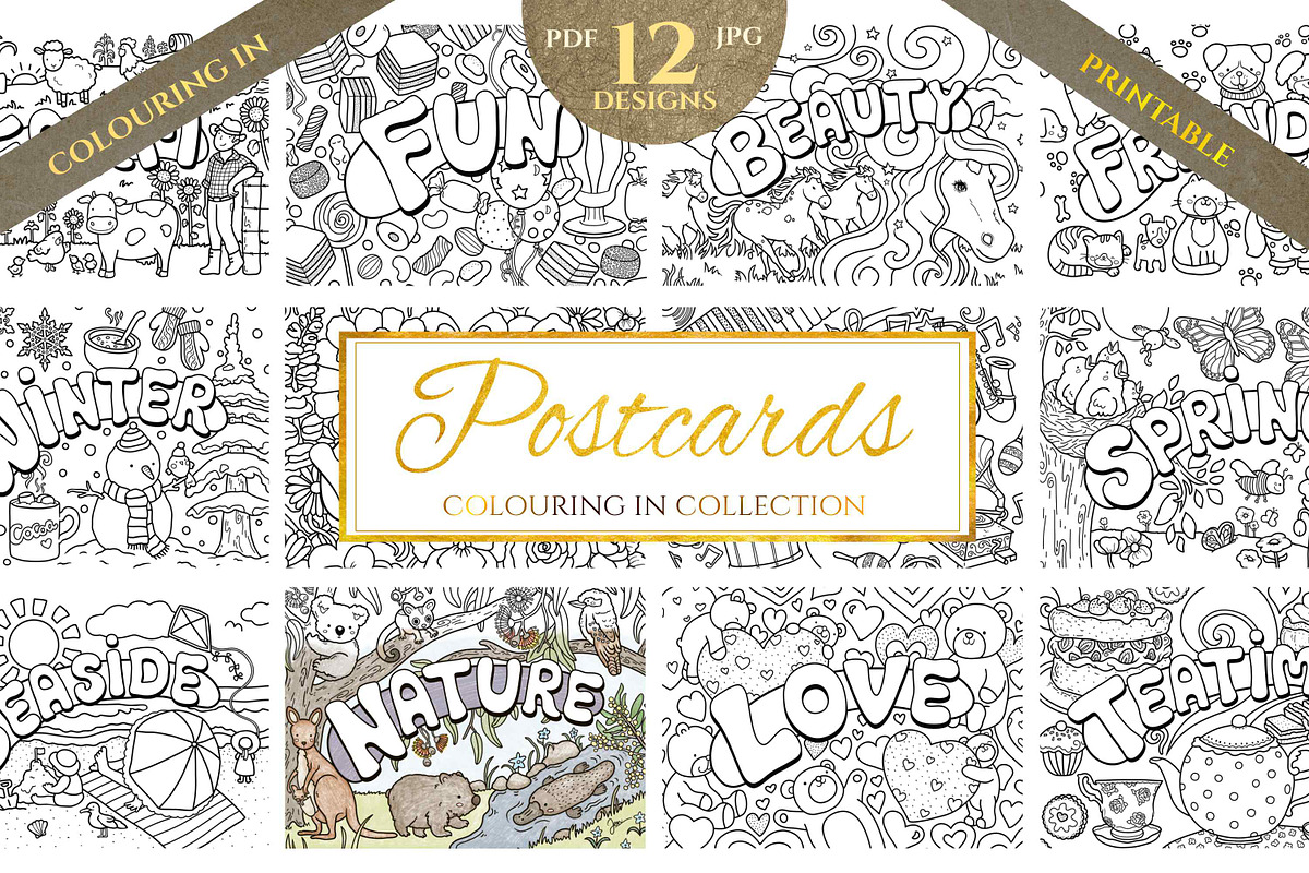Postcards - 12 Colouring Pages, an Animal Illustration by Jen Digital Art (Photo 1 of 5)