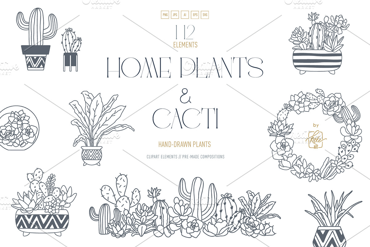 HOME PLANTS AND CACTI LINE ART, an Object Illustration by Kate Art (Photo 1 of 10)