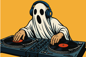 Funny ghost DJ spinning records pop, an Illustration by AlexArt