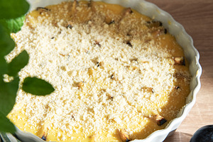 Baking plum crumble with fresh fruit and mint, a Food & Drink Photo by Olena Rudo