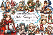 Winter Cottage Girl Watercolor Clipa, an Illustration by designcity5 (Thumbnail 1 of 5)