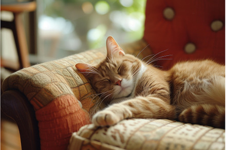Peaceful ginger cat napping on a, an Animal Photo by Ylivdesign