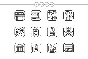 Railway black line icons set