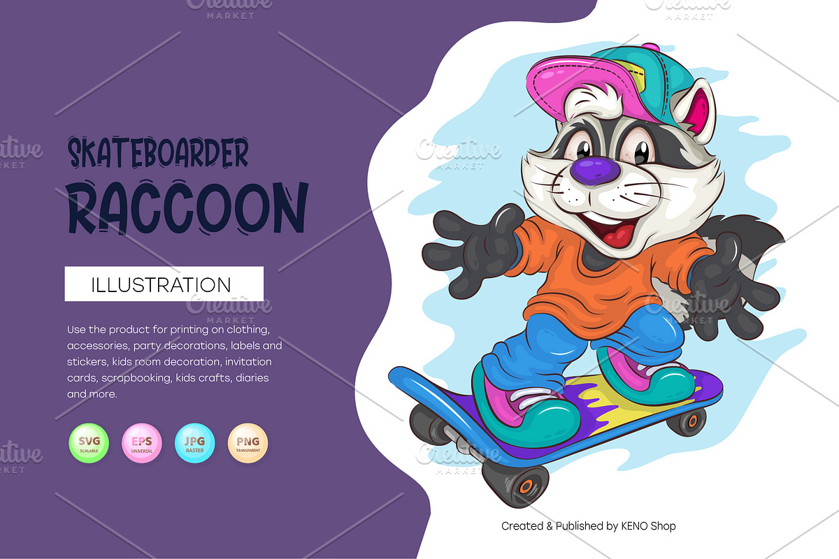 Cute Cartoon Raccoon on a skateboard, an Animal Illustration by KENO Mascots (Photo 1 of 3)