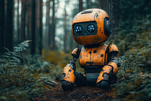 A cute, weathered robot sitting on a forest path surrounded by ferns and trees., a Person Photo by Textures & Backgrounds