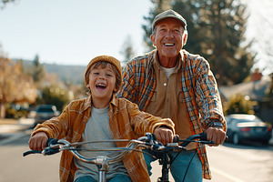 Grandfather teaches grandson to ride a bicycle in a sunny neighborhood, a Person Photo by AlyaAnd