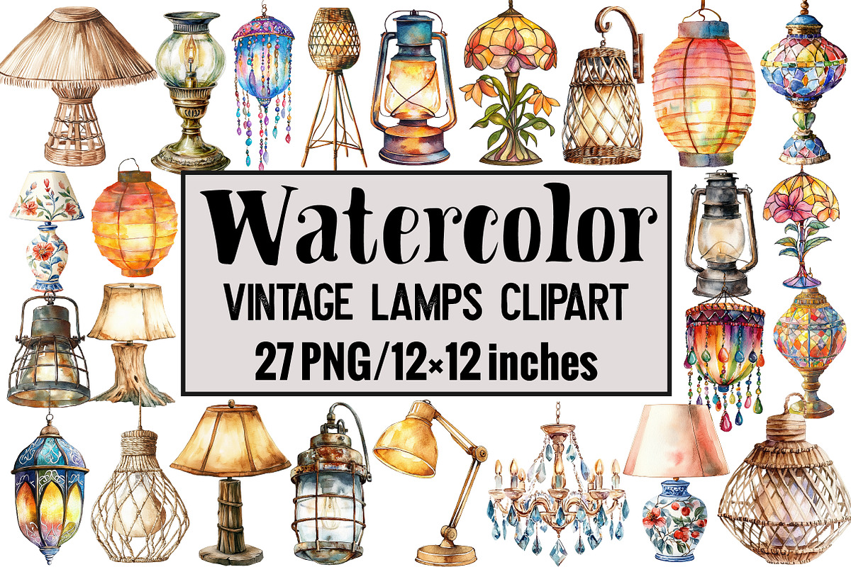 Watercolor Vintage Lamps Clipart, an Illustration by Design Market (Photo 1 of 3)