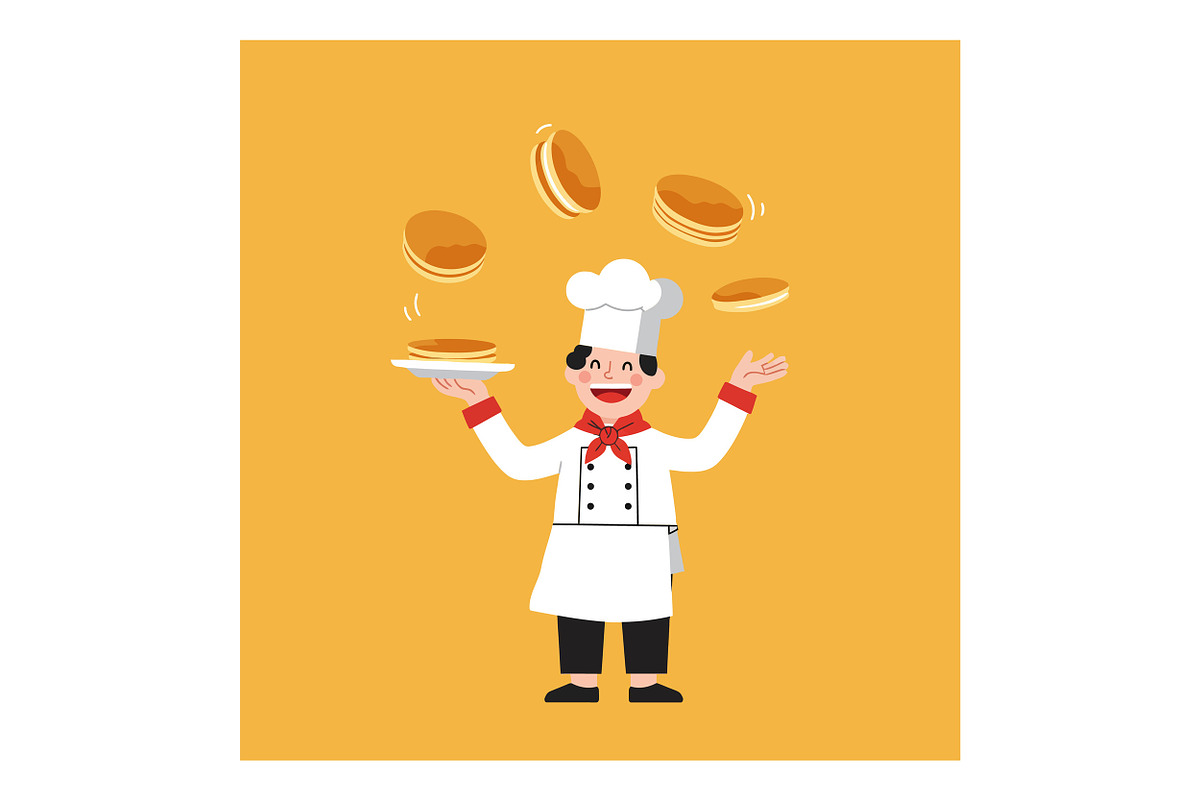 Cheerful chef in white uniform perfo, an Illustration by designvectx