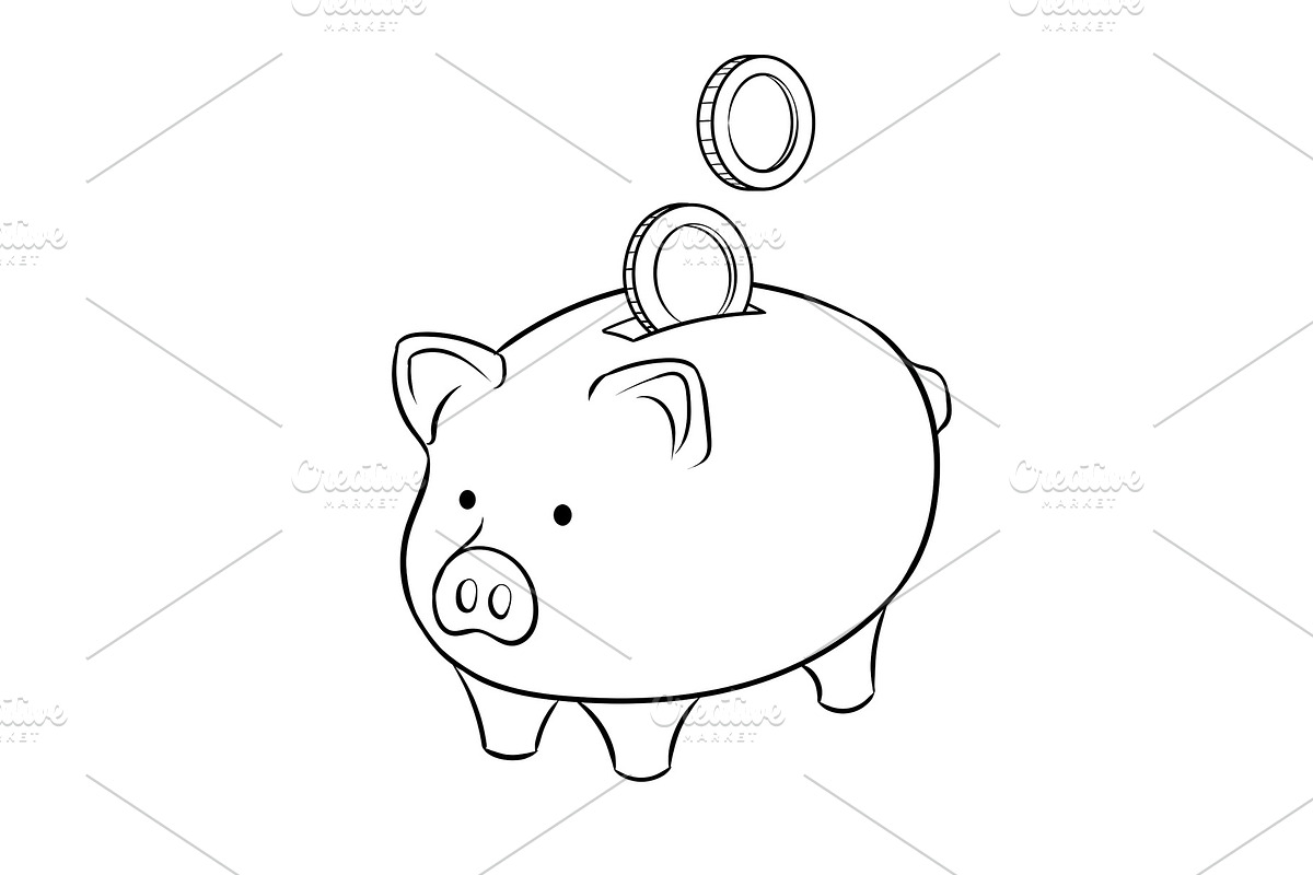Piggy bank and golden coins coloring book vector, an Object Graphic by AlexArt