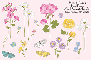 Hand Drawn Flowers & Butterflies