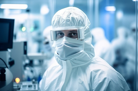 Scientist in Cleanroom Suit Working in a Modern Laboratory, an Abstract Photo by Natalia Klenova's Shop