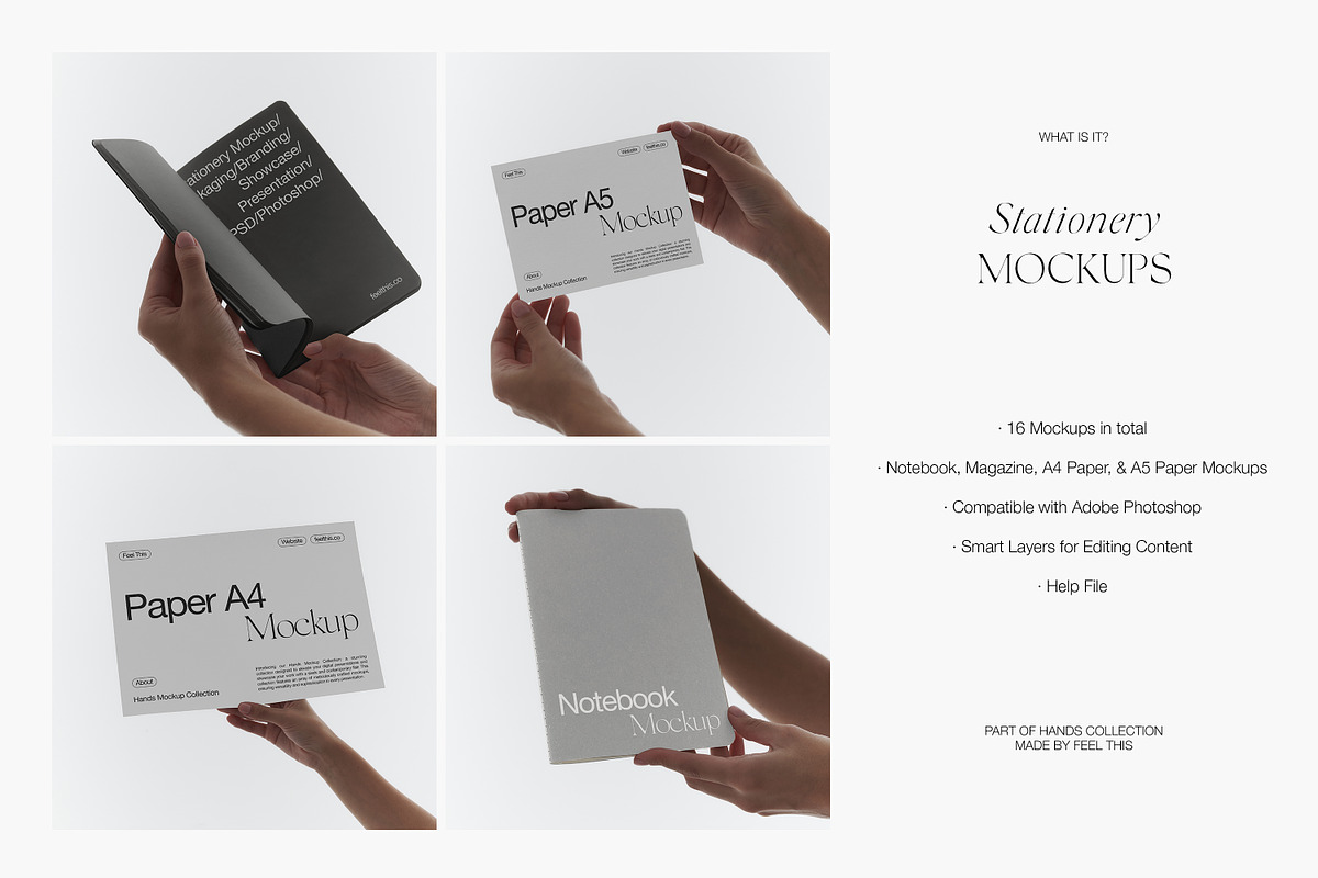 Stationery in Hands Mockups, a Books & Magazine Mockup by Feel This (Photo 2 of 9)