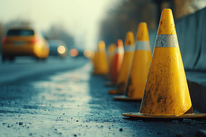 Yellow road cones lined up on a dry street near moving vehicles during daylight, an Industrial Photo by AlyaAnd