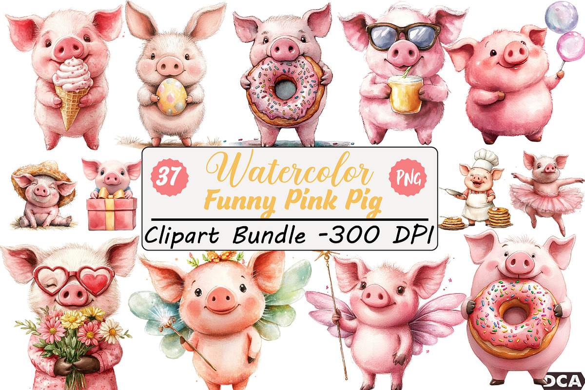 Funny Pink Pig Clipart Bundle, an Illustration by DreamCafeArt (Photo 1 of 9)