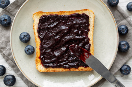 Healthy Blueberry Jelly and Toast on a Plate, top view. Close-up, a Food & Drink Photo by LiudmylaChuhunova