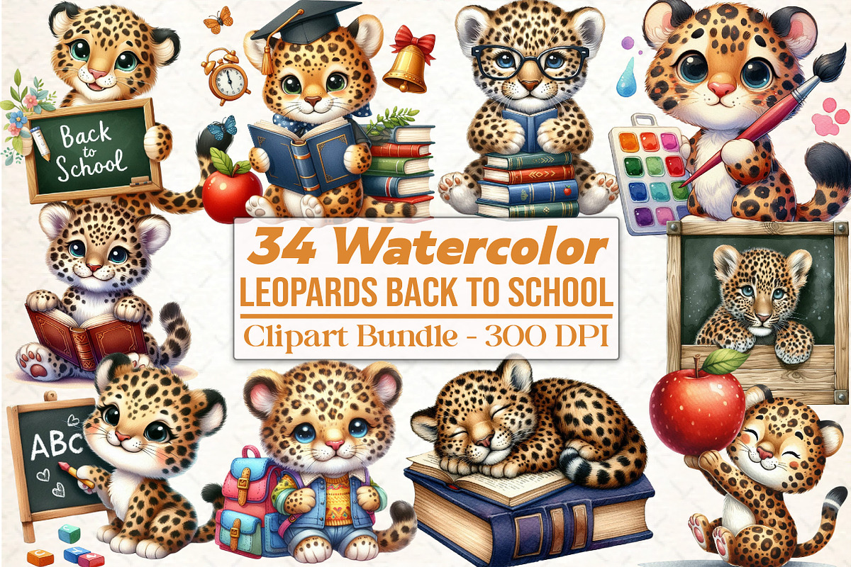 Baby Leopards Back to School Clipart, an Animal Illustration by DreamCafeArt (Photo 1 of 5)