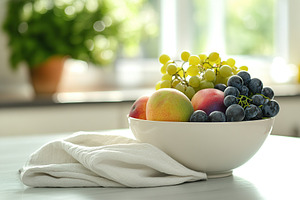 Ceramic bowl with fresh and ripe fruits, a Food & Drink Photo by AlyaAnd