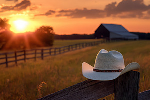Cowboy hat resting on wooden fence, a Photo by Pavel_design