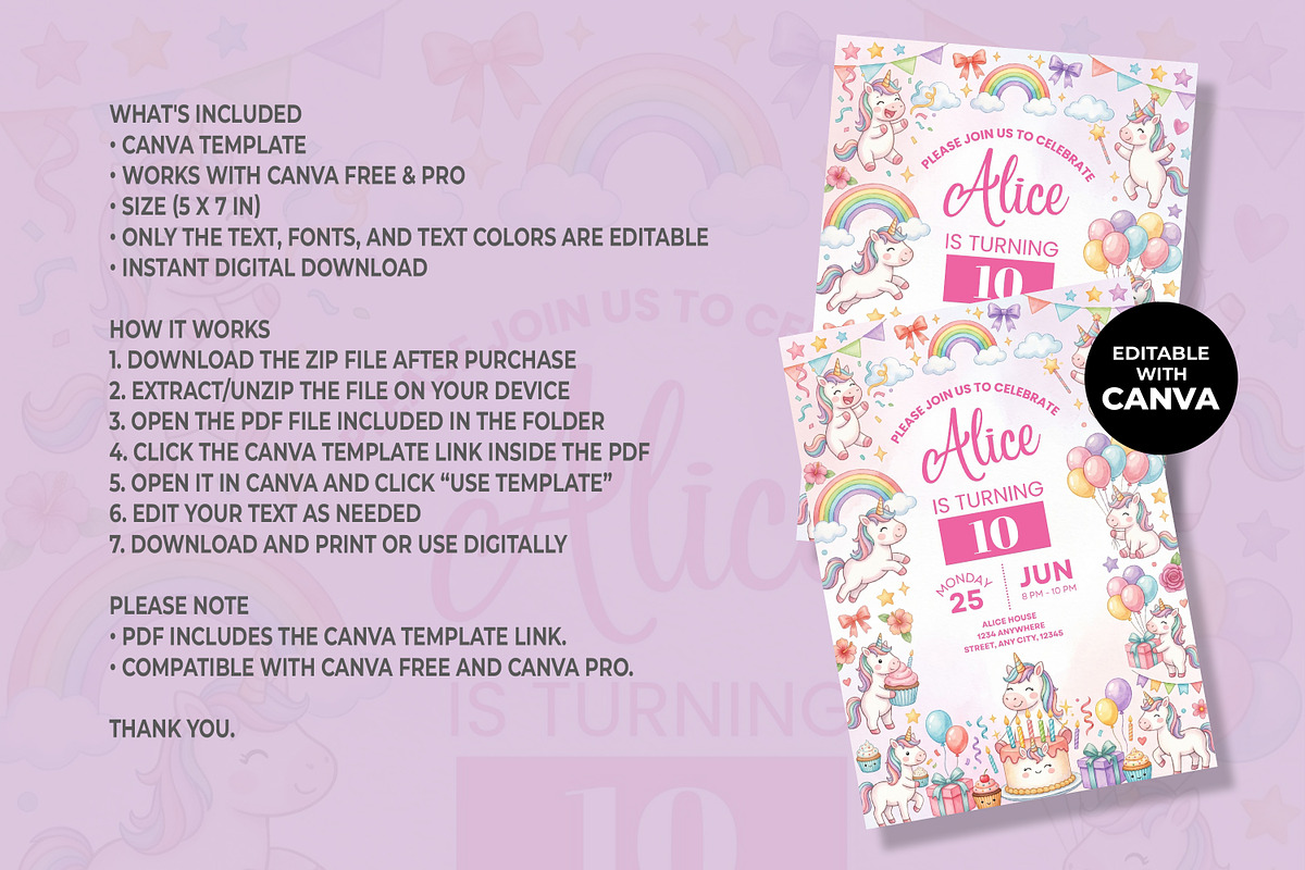 Unicorn Birthday Invitation, an Invitation Template by M9 Design (Photo 4 of 4)