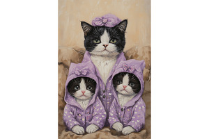 Texudo Cats in Purple Hoodie Art, an Animal Illustration by Art Paradise Studios