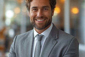 A confident Caucasian man in a gray suit smiles warmly in a modern workspace., a Person Photo by ImageMir