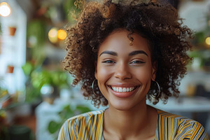 Smiling Black Businesswoman Enjoying Her Workday in a Modern Office with Green, a Photo by AS photostudio