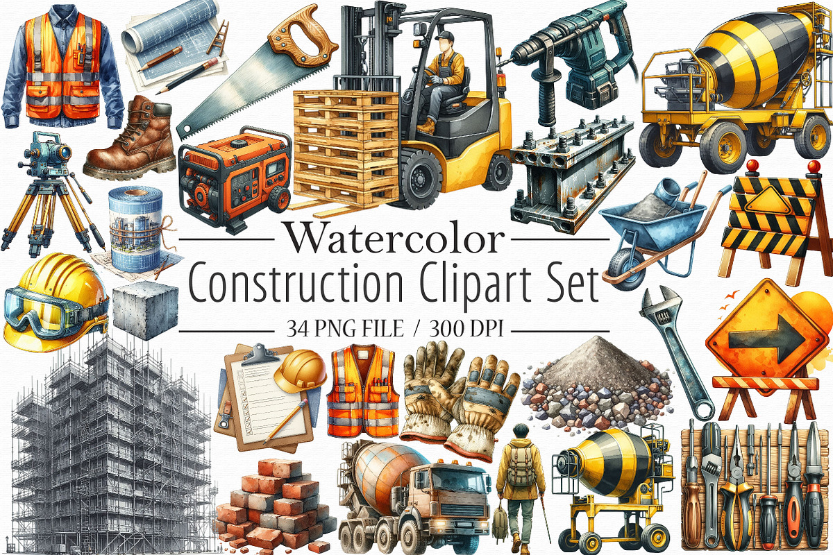 Watercolor Construction Clipart, an Illustration by Libby Wishes (Photo 1 of 7)