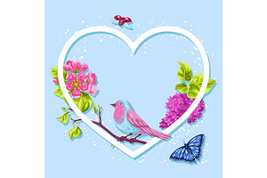 Spring Garden Frame. Natural Illustration With Blossom Flower, Robin Birdie And Butterfly