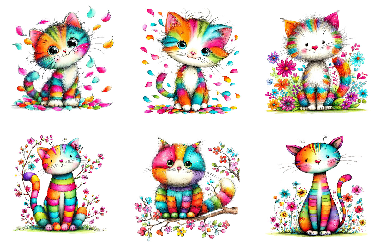 Whimsical Spring Cats Clipart, an Illustration by CreationArt (Photo 2 of 7)
