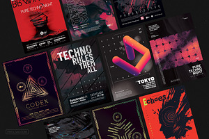 Techno Party Flyers, Posters Bundle, a Flyer Template by pixelsao